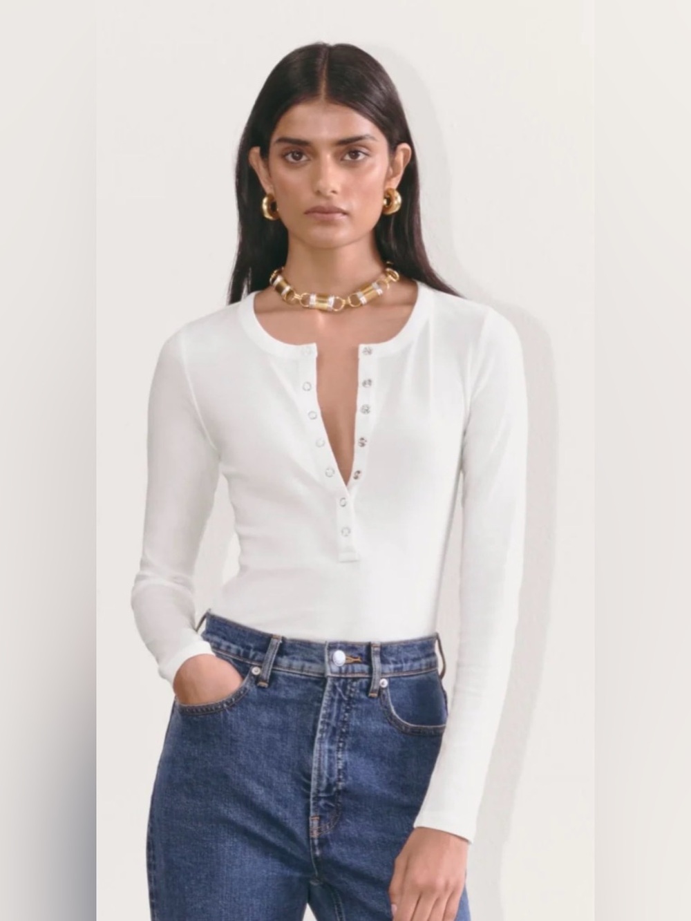 Everlane White Long-Sleeve Snap Henley Top